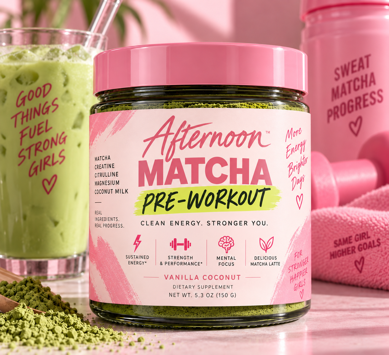Afternoon Matcha Vanilla Coconut concept packaging alongside an iced matcha
